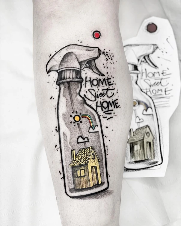 Illustrative House, Spray bottle tattoo on Calf