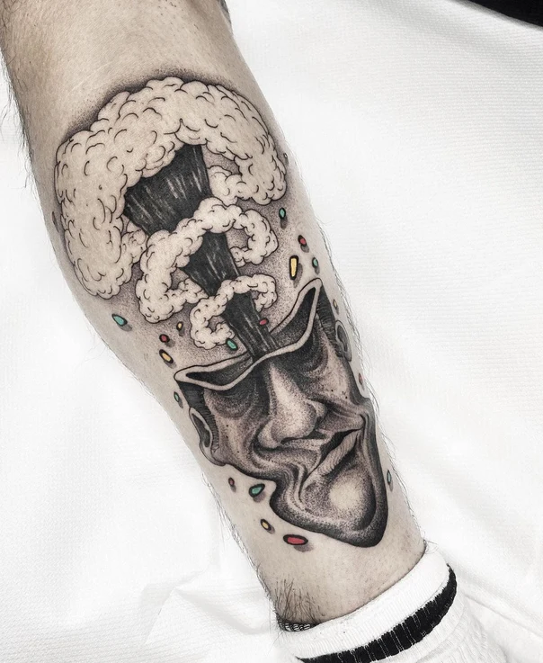 Illustrative Face, Cloud tattoo on Calf