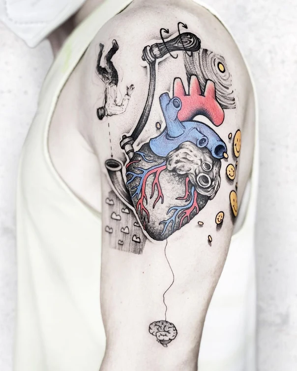 Illustrative Heart, Brain tattoo on Upper Arm