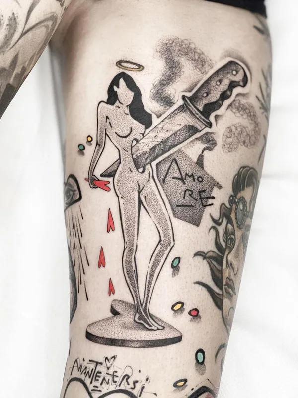 black and grey blackwork татуировка на thigh #46611 | Тату мастер Conio