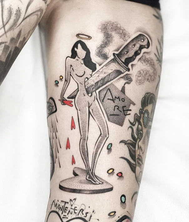 Blackwork Knife, Woman tattoo on Thigh