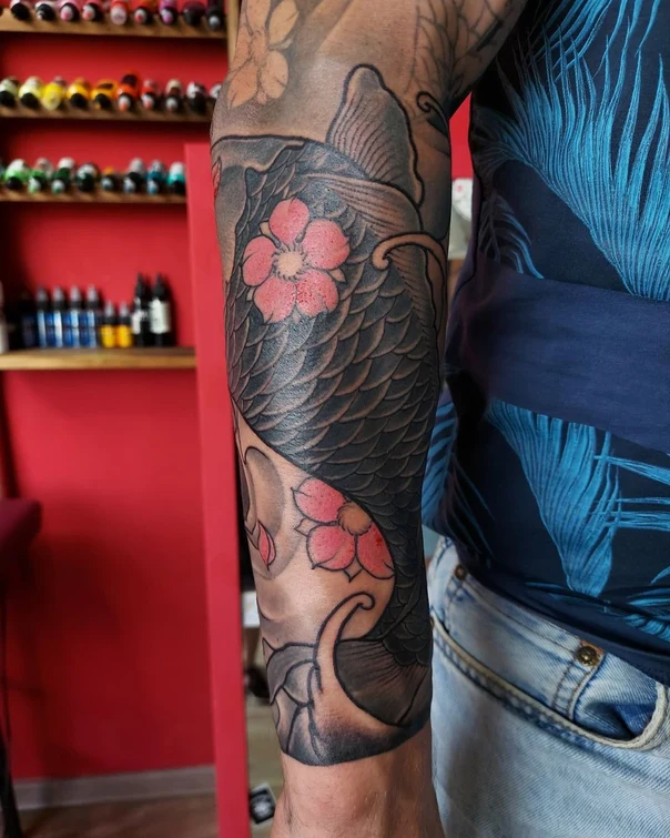 Japanese Koi, Flower tattoo on Full Sleeve