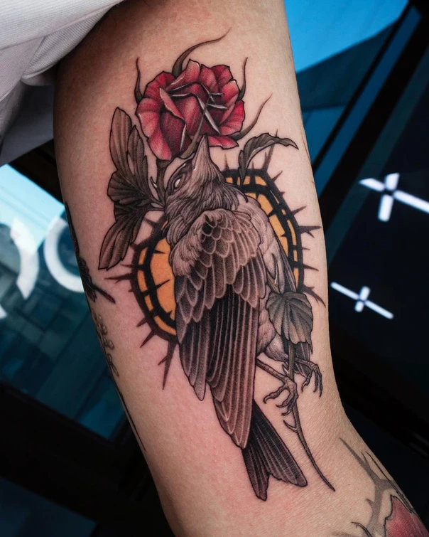 Neo Traditional Bird, Rose tattoo on Forearm