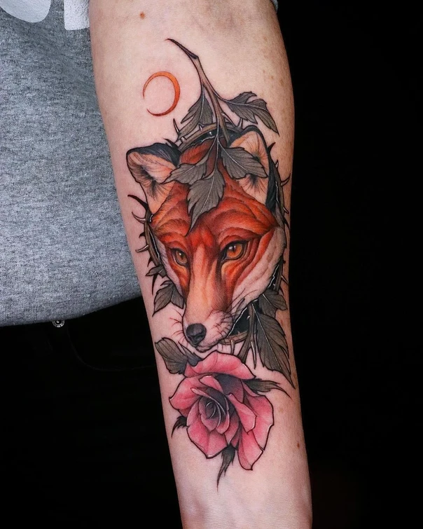 Realism Fox, Rose tattoo on Forearm