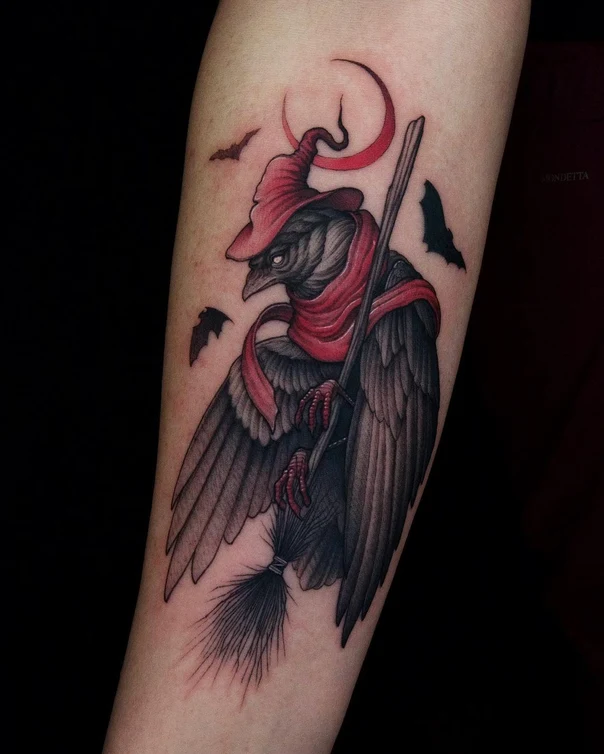 Illustrative Crow, Witch tattoo on Forearm