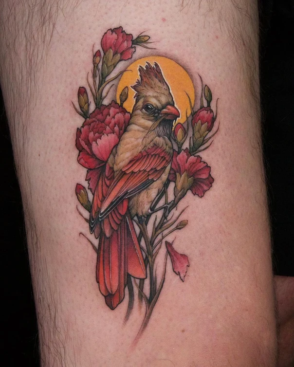 Realism Bird, Flowers tattoo on Thigh