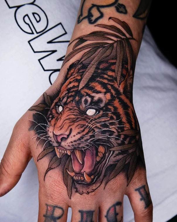 Realism Tiger, Leaves tattoo on Hand