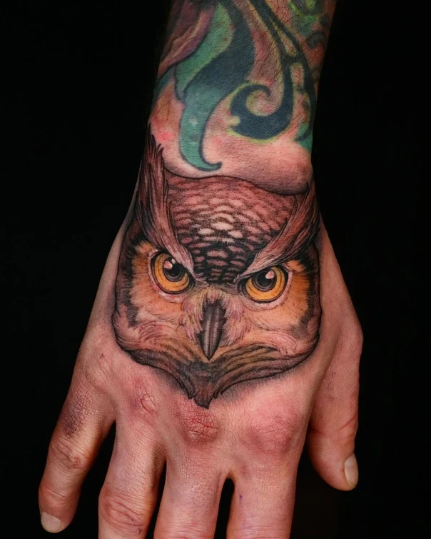 Realism Owl tattoo on Back of Hand