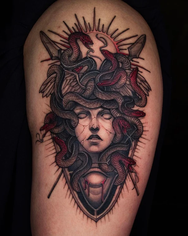 Realism Medusa, Snakes tattoo on Thigh