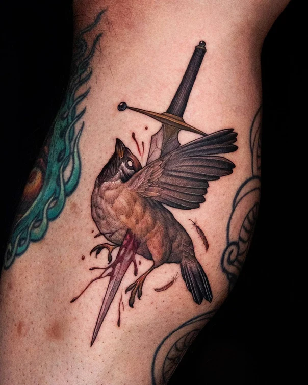 Realism Bird, Sword tattoo on Thigh