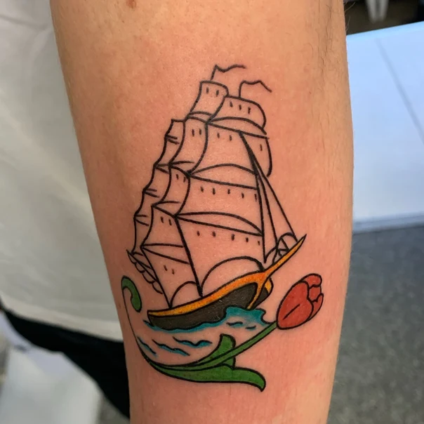 Traditional Ship, Flower tattoo on Forearm