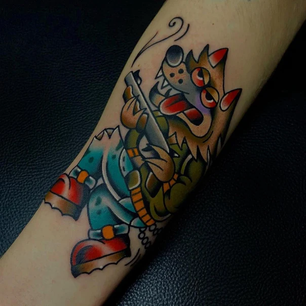 Олд-скул Wolf, Gun tattoo на Предплечье
