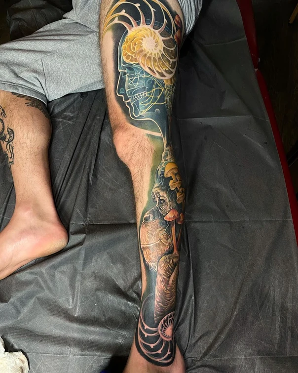 Surrealism Brain, Nautilus tattoo on Calf