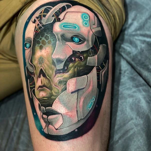 Biomechanical Face, Robot tattoo on Thigh