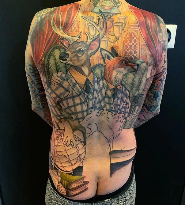 Illustrative Deer, Fox tattoo on Full Back