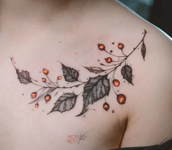 Botanic Berries, Leaves tattoo on Collarbone