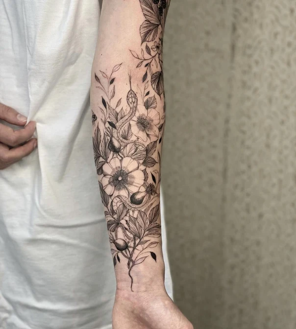 Fineline Snake, Flowers tattoo on Forearm