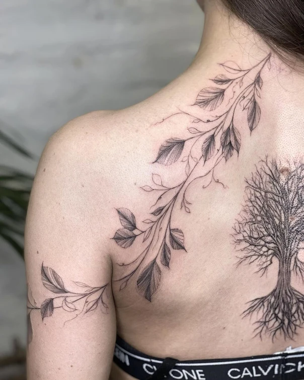 Fineline Leaves, Tree tattoo on Shoulder Blade