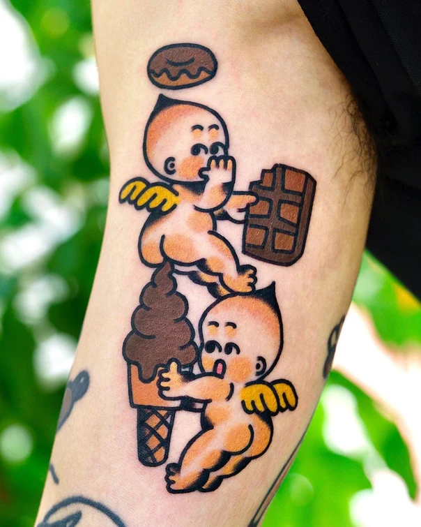 New School Cherub, Food tattoo on Forearm