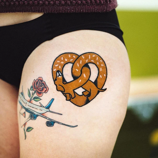 Illustrative Pretzel, Fox tattoo on Thigh
