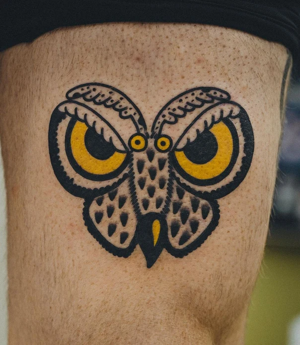 Traditional Owl tattoo on Thigh