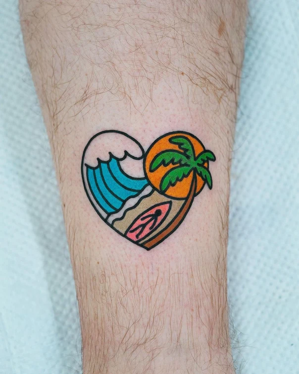 Old School Wave, Palm tree tattoo on Calf