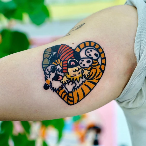 Cartoon Calvin and hobbes, Heart tattoo on Forearm