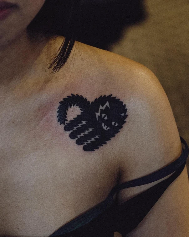 Blackwork Cat, Heart tattoo on Collarbone