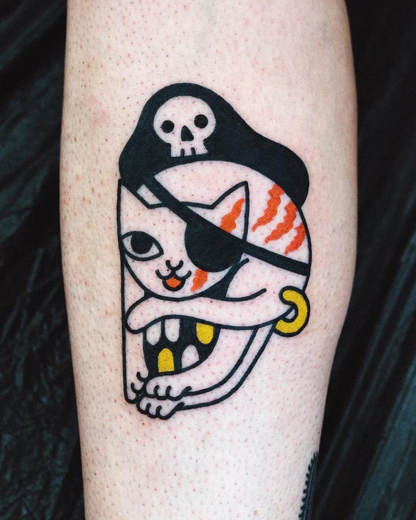 Old School Cat, Skull tattoo on Calf