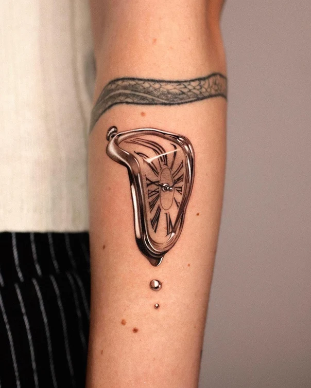 Realism Clock, Melting tattoo on Forearm