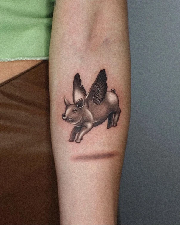 Realism Pig, Wings tattoo on Forearm