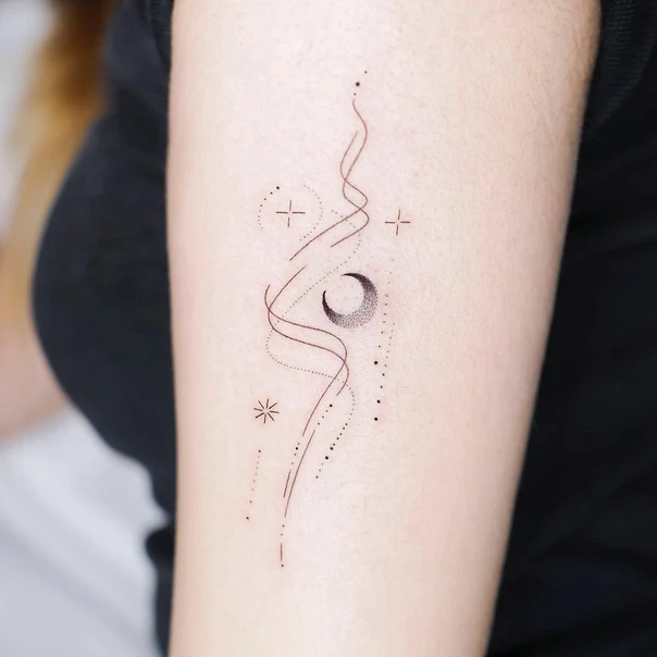 Fineline Moon, Stars tattoo on Forearm