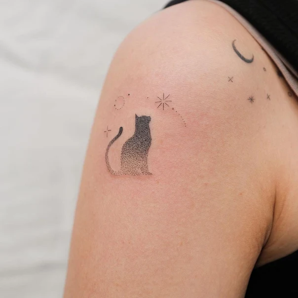 Dotwork Cat, Stars tattoo on Shoulder