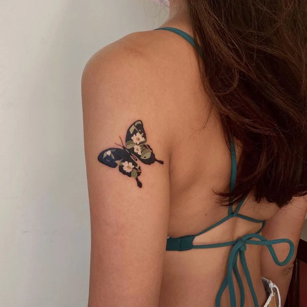 Illustrative Butterfly, Flowers tattoo on Upper Arm