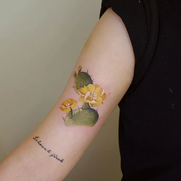 Botanic Cactus, Flowers tattoo on Forearm