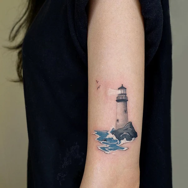 Illustrative Lighthouse, Ocean tattoo on Forearm