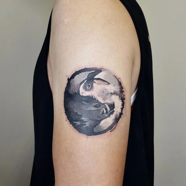 Black & Grey Yin yang, Animal tattoo on Upper Arm