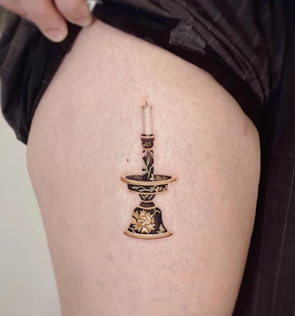 Ornamental Candle, Floral tattoo on Thigh