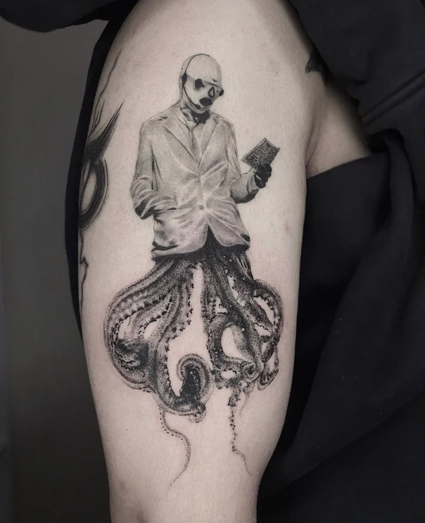 Black & Grey Octopus, Figure tattoo on Upper Arm
