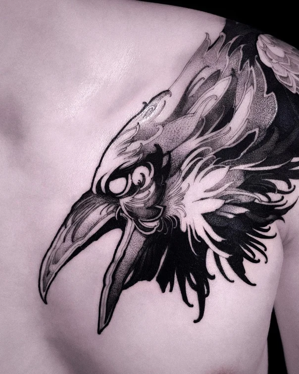 Blackwork Raven, Bird tattoo on Chest