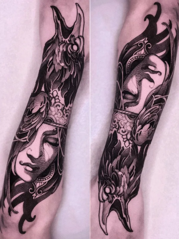 black and grey blackwork tattoo auf full sleeve #47307 | Tätowierer Amina Katinova