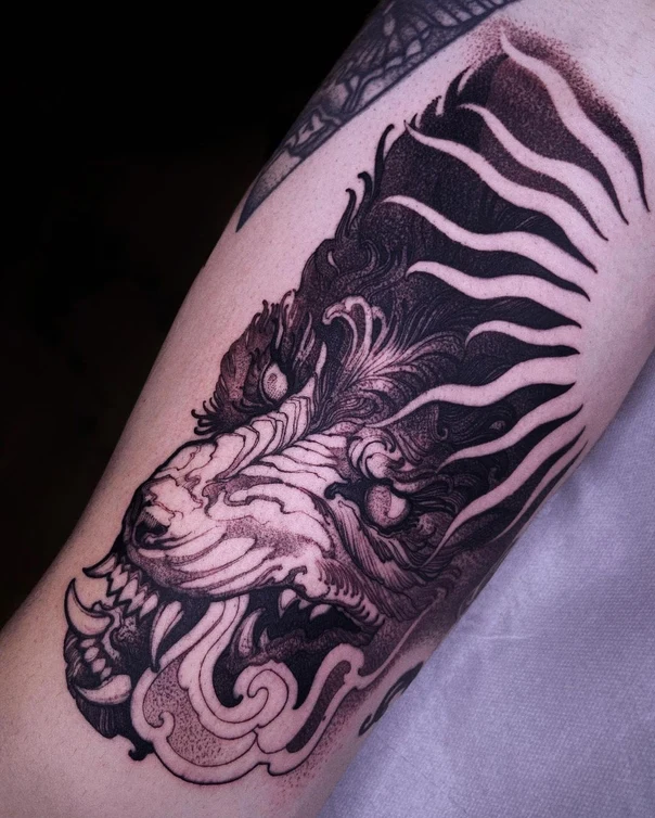 Japanese Tiger, Waves tattoo on Forearm
