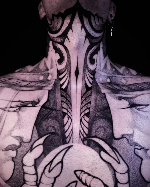 Blackwork Abstract, Faces tattoo on Chest
