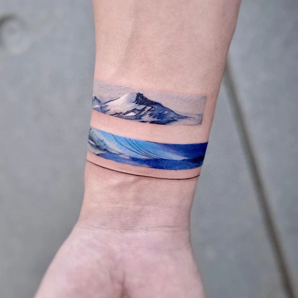 Watercolor Mountain, Wave tattoo on Wrist