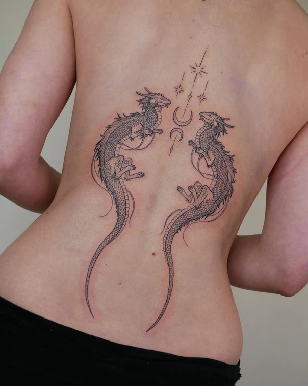 Linework Dragon, Celestial tattoo on Lower Back