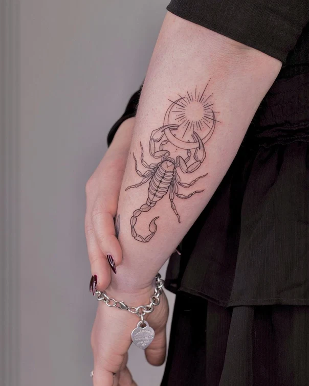 Linework Scorpion, Sun tattoo on Forearm