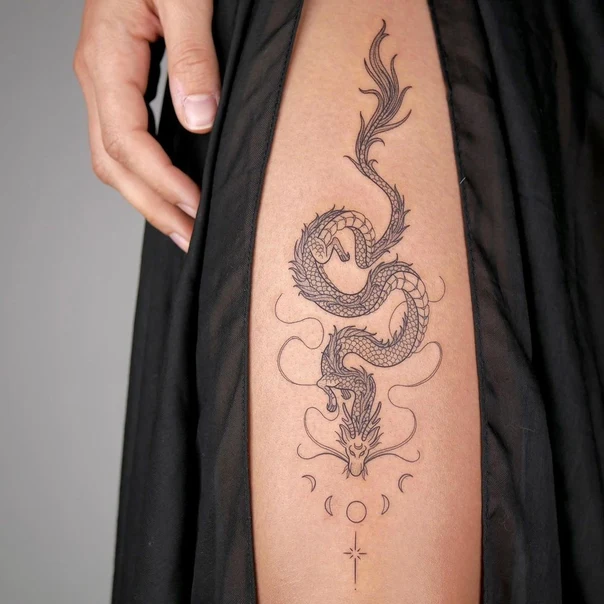 Linework Dragon, Moon tattoo on Thigh