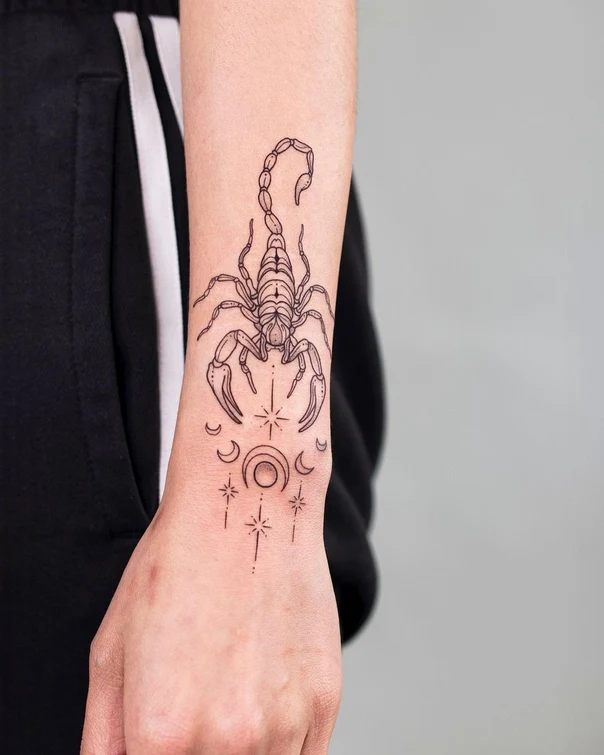Linework Scorpion, Stars tattoo on Wrist