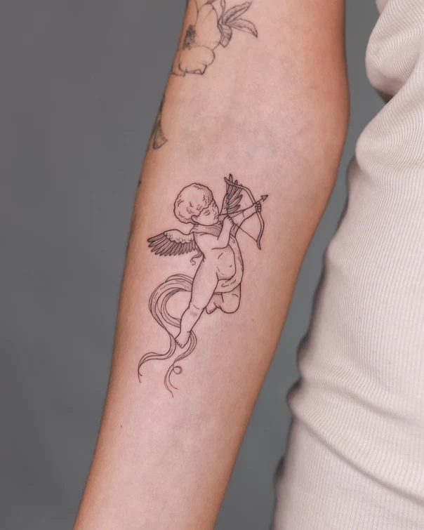 Fineline Cherub, Bow and arrow tattoo on Forearm
