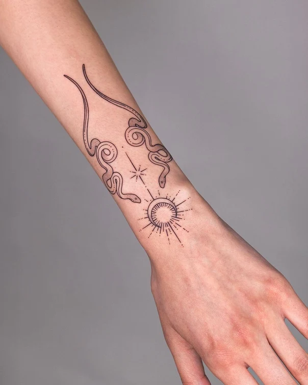 Linework Snake, Sun tattoo on Wrist